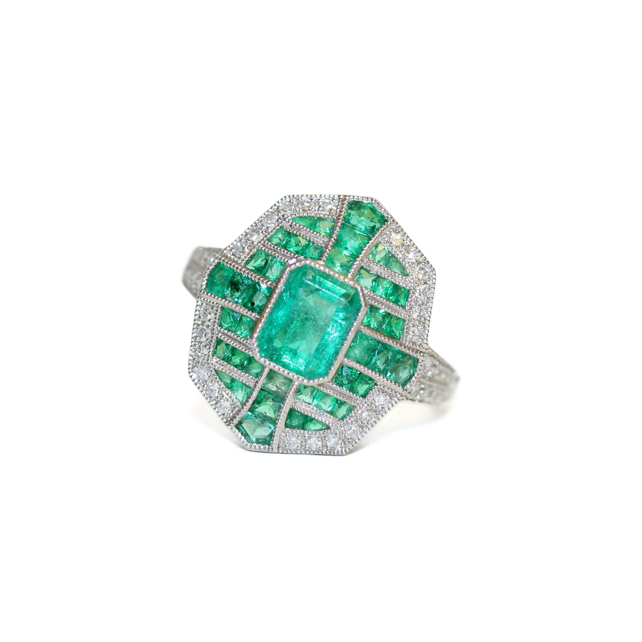 Platinum emerald and diamond Art Deco style cocktail ring