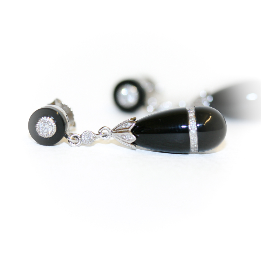 9ct white gold onyx and diamond drop earrings