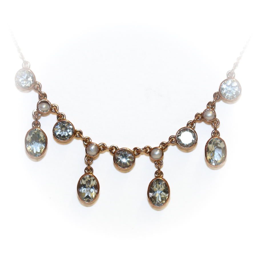 9ct rose gold aquamarine and pearl garland necklace