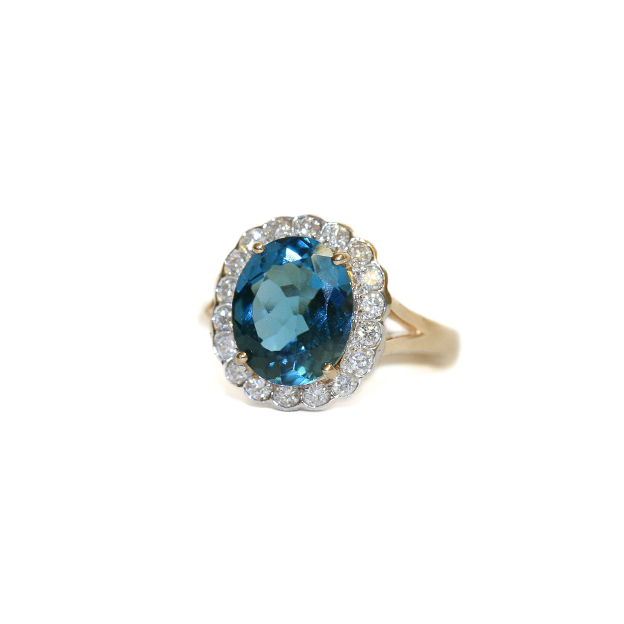 9ct gold London blue topaz and diamond cluster ring